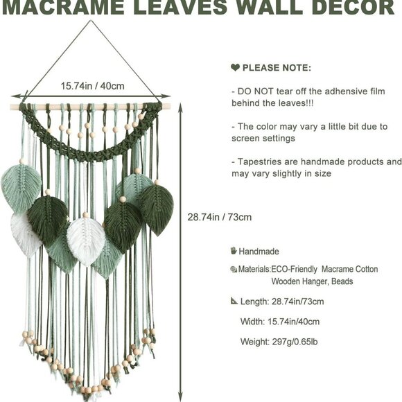 Macrame Wall Hanging -Handmade Sage Green Leaf Wall Tapestry,Boho Decorations fo - Picture 3 of 6